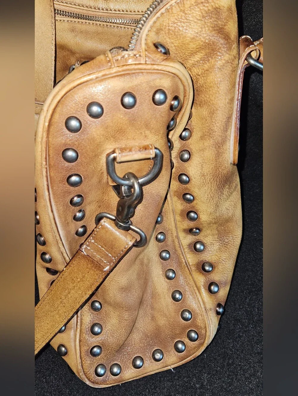 Unbranded Studded Tan Distressed Faux Leather Satchel Handbag w/Crossbody Strap